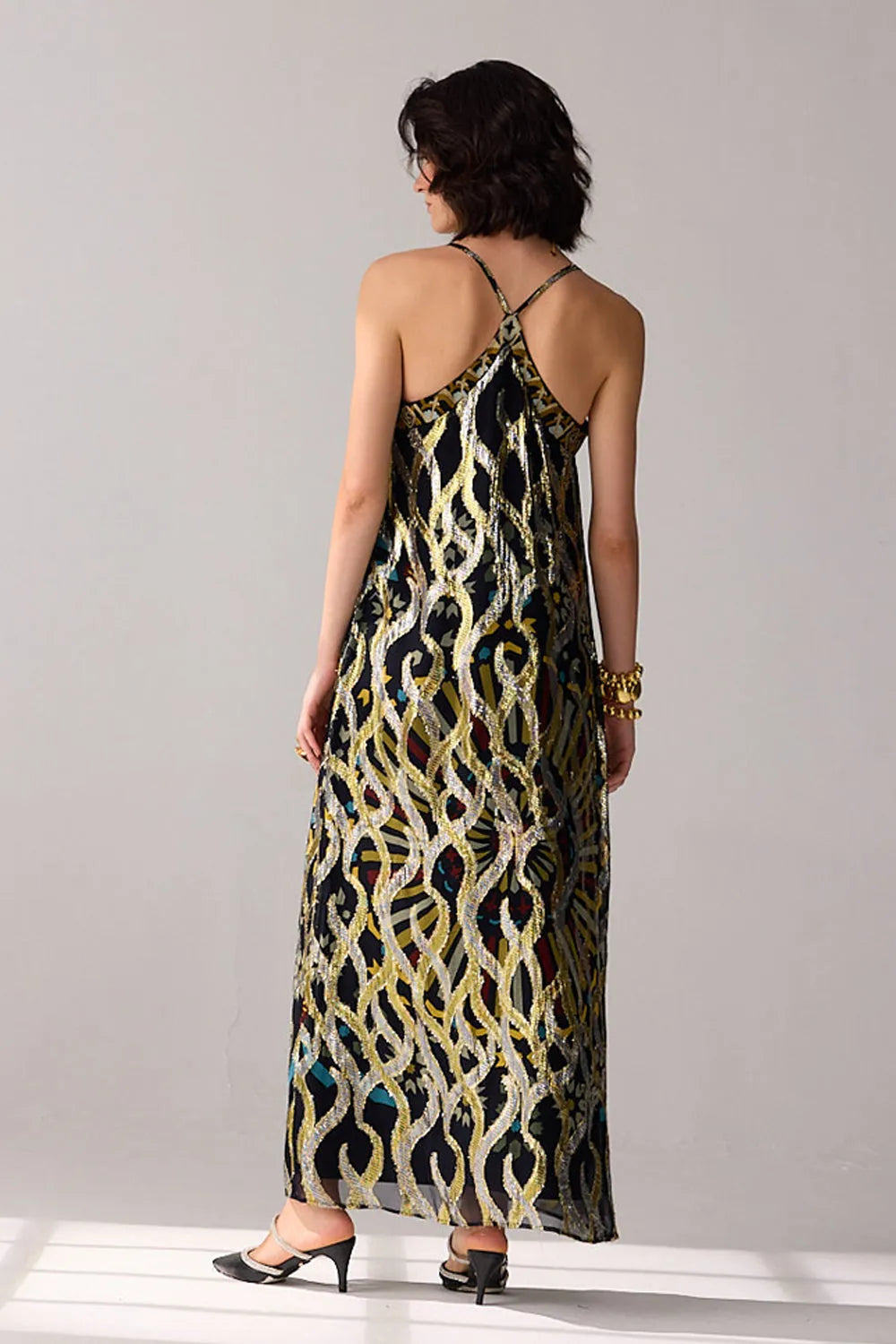 Romi Embroidered Lurex Dress women's statement dress featuring shimmering Lurex fabric, intricate embroidered detailing and an elegant flowing silhouette, styled for festive celebrations, resort evenings, cocktail gatherings and special occasions.