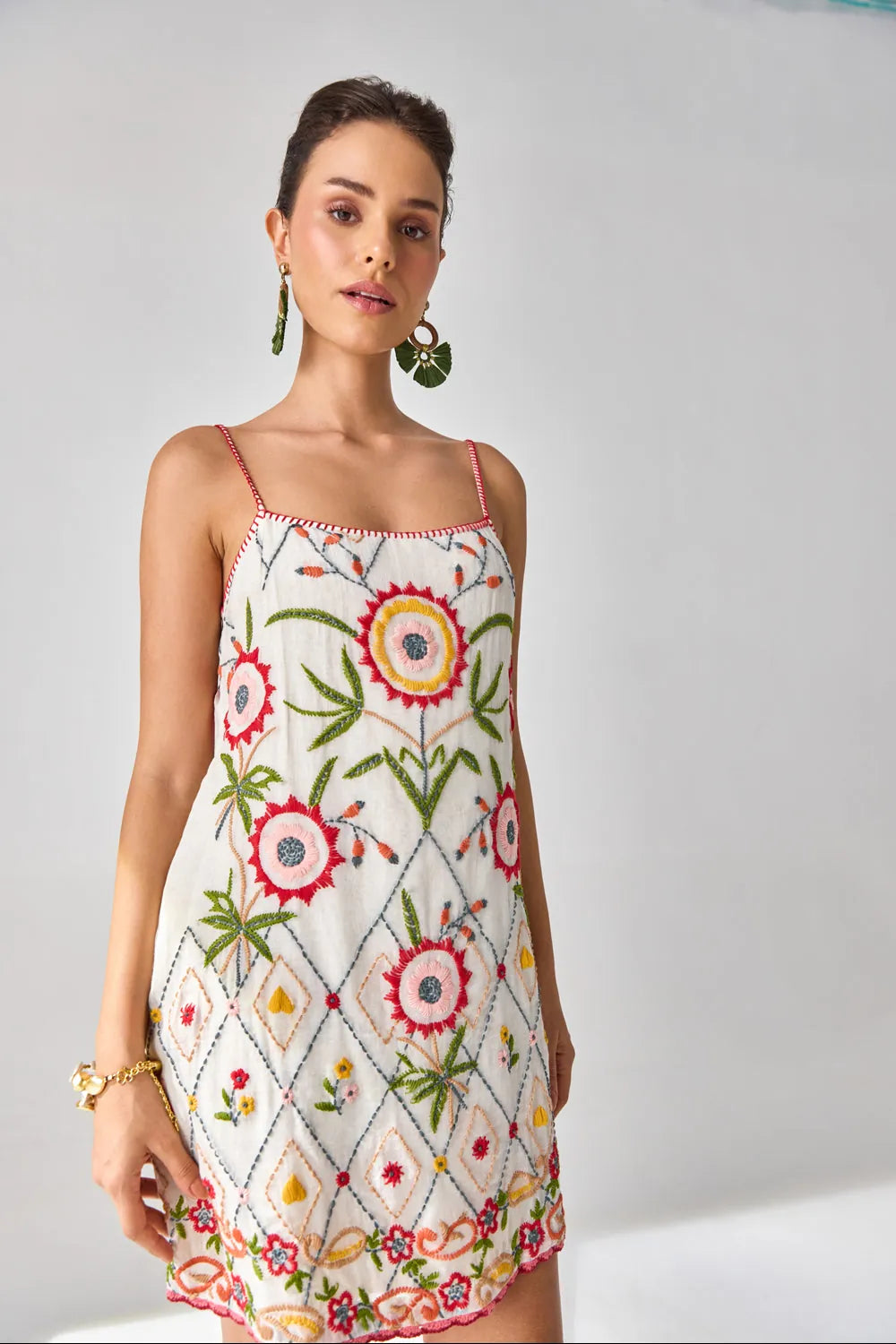 Siena Embroidered Dress women's statement dress featuring intricate embroidery, decorative detailing and a feminine silhouette, styled for summer celebrations, resort outings, festive gatherings and special occasions.