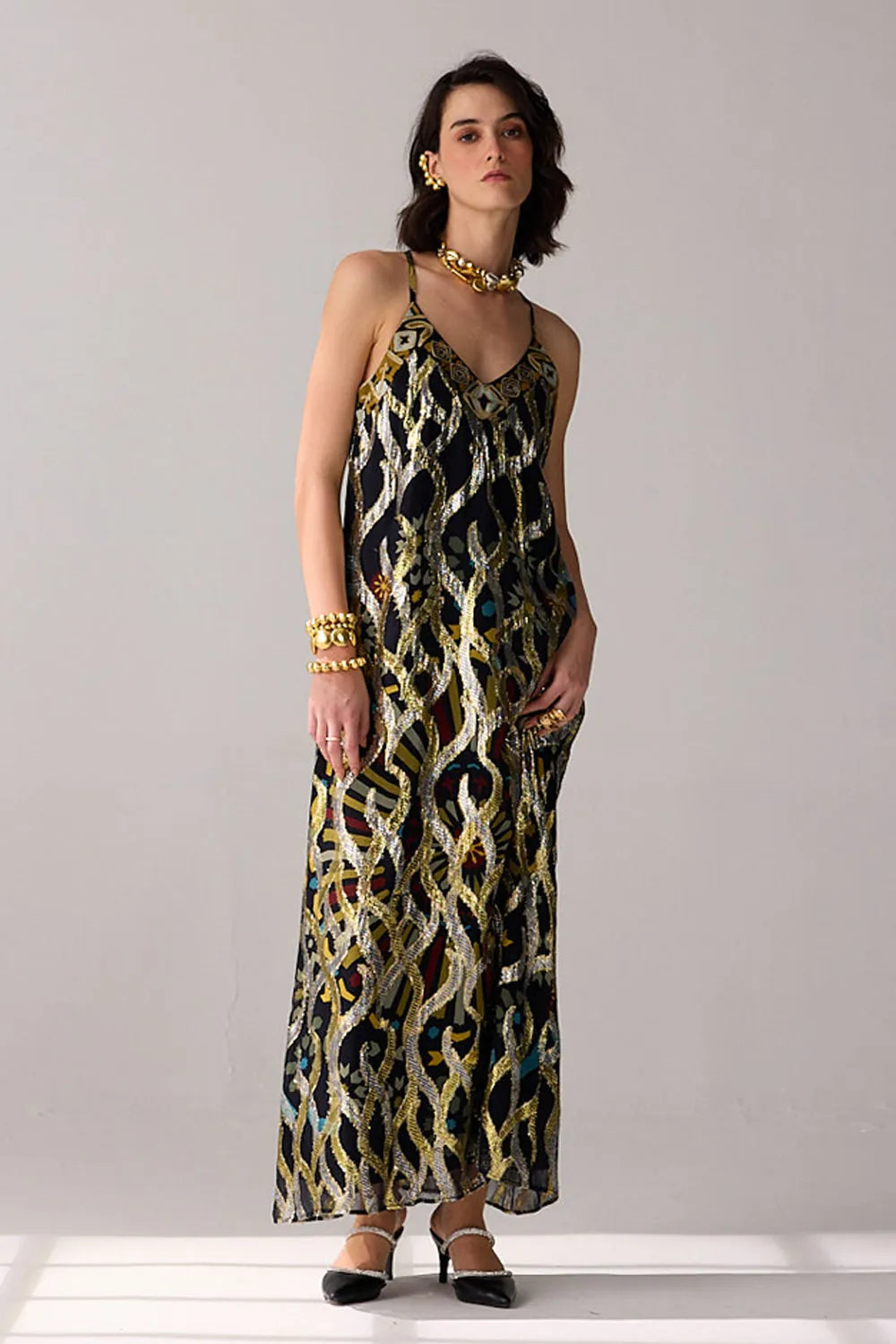 Romi Embroidered Lurex Dress women's statement dress featuring shimmering Lurex fabric, intricate embroidered detailing and an elegant flowing silhouette, styled for festive celebrations, resort evenings, cocktail gatherings and special occasions.