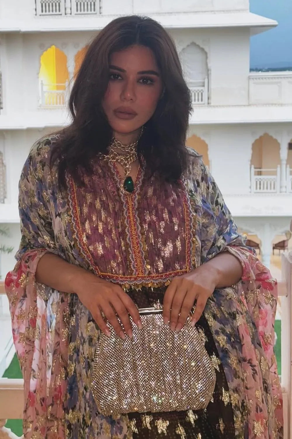 Roshni Bhatia wearing the Karissa Embroidered Kaftan, a women's flowing kaftan featuring intricate embroidery and a relaxed silhouette, styled for beach holidays, resort vacations, poolside lounging and elegant summer getaways.