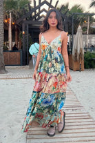 Sayani Gupta wearing the Katherine Maxi Dress, a women's multicolour viscose Lurex Georgette maxi dress featuring a vibrant jacquard print, delicate spaghetti straps and a subtle shimmering finish, styled for summer holidays, destination celebrations, festive evenings and resort occasions.