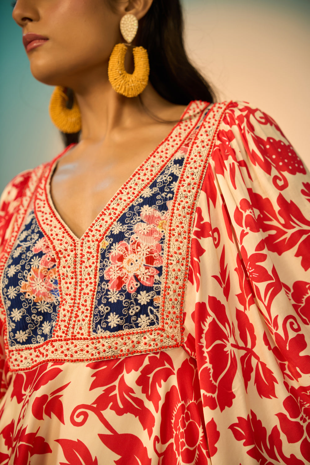 Shelly Embroidered Tunic women's multicolour modal satin mini tunic featuring a vibrant red and white poppy floral print, intricate embroidered detailing and a relaxed silhouette, styled for summer holidays, resort getaways, brunches and festive daytime occasions.