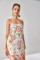 Siena Embroidered Dress women's statement dress featuring intricate embroidery, decorative detailing and a feminine silhouette, styled for summer celebrations, resort outings, festive gatherings and special occasions.