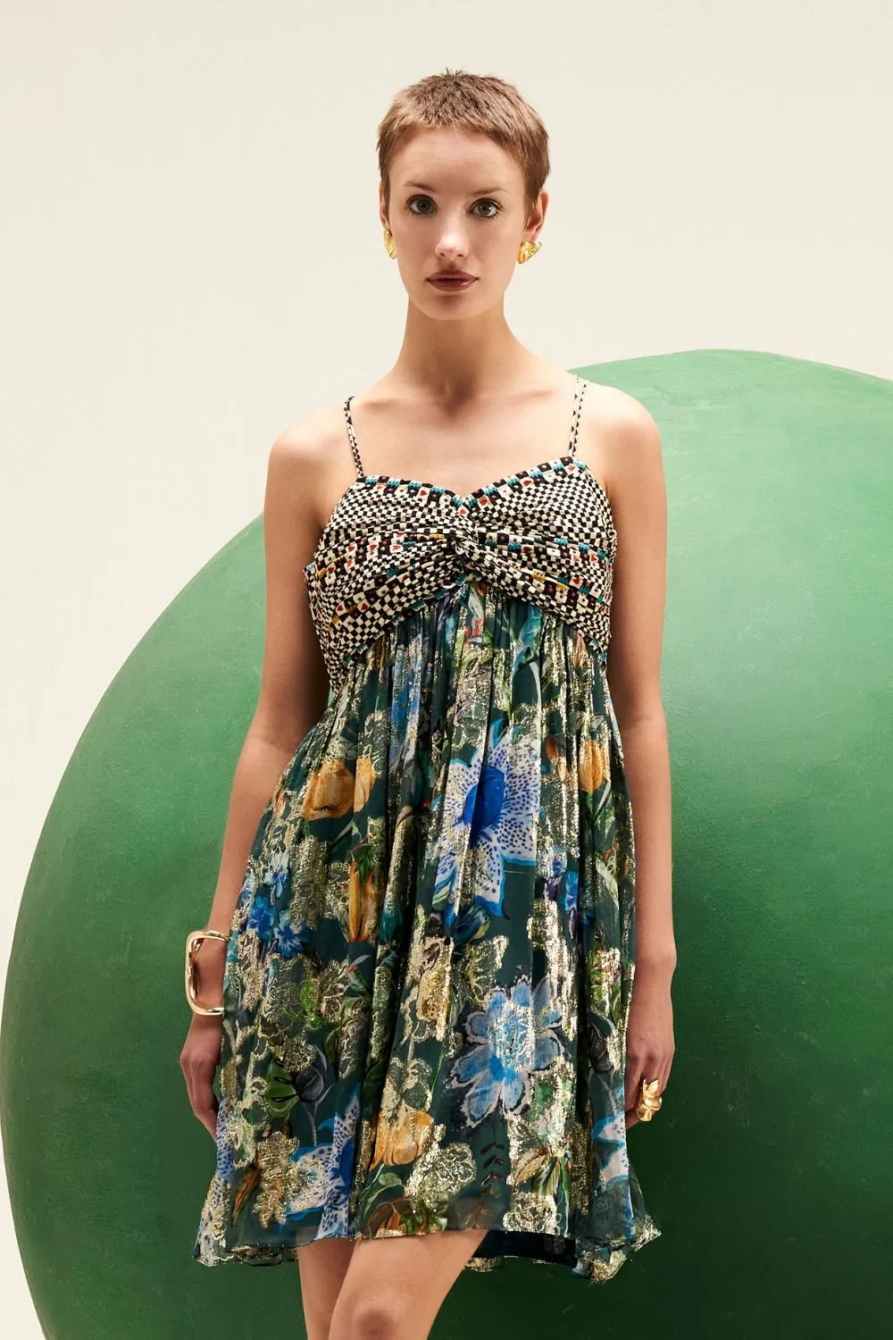 Sparkle Lily Mini women's teal blue viscose Lurex Georgette mini dress featuring a shimmering finish, eye-catching statement detailing and a playful feminine silhouette, styled for cocktail parties, festive evenings, celebrations and special occasions.