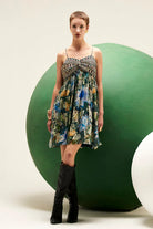 Sparkle Lily Mini women's teal blue viscose Lurex Georgette mini dress featuring a shimmering finish, eye-catching statement detailing and a playful feminine silhouette, styled for cocktail parties, festive evenings, celebrations and special occasions.