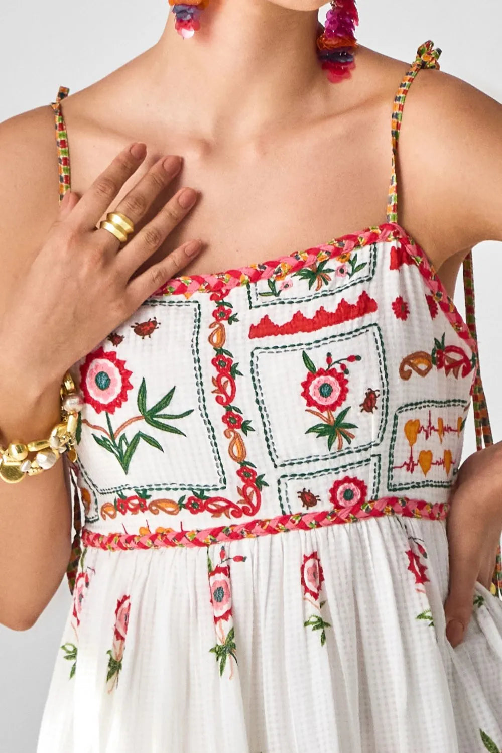 Tashi Embroidered Mini Dress women's mini dress featuring intricate embroidery, decorative embellishments and a flattering contemporary silhouette, styled for summer brunches, resort vacations, festive gatherings and special occasions.