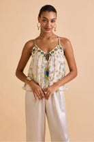 Zita Beaded Blouse With Pants women's coordinated outfit featuring a statement beaded blouse paired with matching pants, combining decorative craftsmanship with a polished silhouette, styled for festive celebrations, evening gatherings, resort dinners and special occasions.